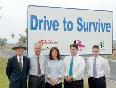 Cr Keith Smyth (East Gippsland Shire), Terry Lamshed (East Gippsland Shire Community Safety Officer), Heather Morrison (VicRoads/RoadSafe), and Andrew Howe and Scott Grambau (3TR FM local reps.)