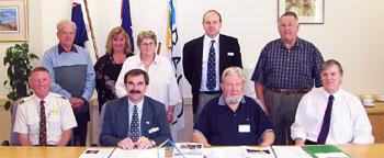 The community road safety committee: Back row: (l- r): Keith Jones, Di Campbell, Helen Padalini, Guy Wilson-Browne, Norm Deacon. Front row: (l-r): Tom Mallaghan, John Gains, Bert Terlingen, Brian Sheean. Absent: Sgt Russell Fraser and Ted Jeffery