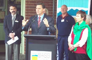 The Hon John Brumby announced a $500,000 grant for restoration of the historic Wonthaggi Railway Station today.  (l-r) Cr John Gains  Mayor, Mr John Brumby - Minster for State and Regional Development, Ms Susan Davies  Member for Gippsland West.